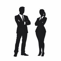Silhouette of a businessman and a business women standing with arms crossed.