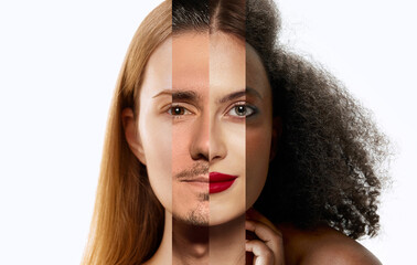 Collage. Harmonious blend of male and female faces combining distinct facial features into one balanced expression against neutral background. Duality, identity, acceptance, beauty, diversity concept