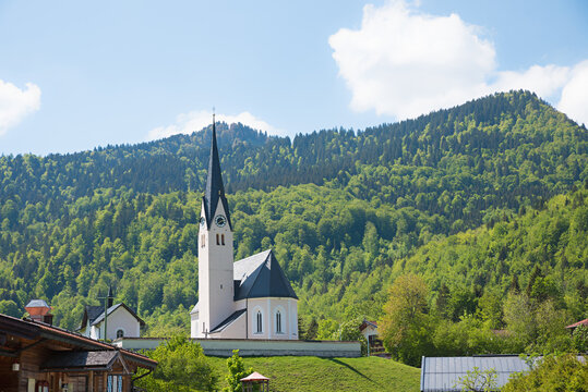 view to historic chutch st leonhard, Kreuth, at springtime