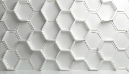 Naklejka premium Abstract white hexagon tile background 3D render. Geometric design, clean, simple. Futuristic tech, science wallpaper. Modern architecture graphic art. Light, shadow, contrast. Minimal wall, floor