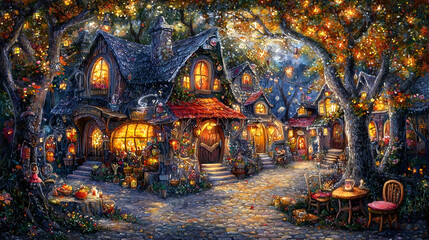 Obraz premium Enchanting village street scene at night, magical fantasy setting, illuminated buildings, autumnal trees, whimsical artwork for fantasy-themed projects