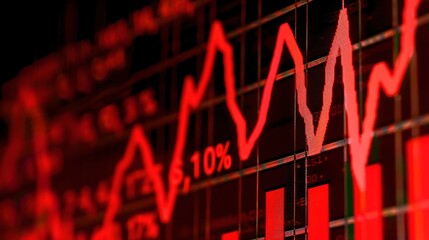 Fototapeta premium Close-up of downward-trending line graph on digital screen, symbolizing drop in earnings, financial decline visualized with charts and numbers.