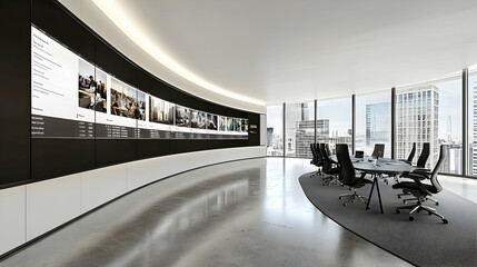 Modern curved video wall in high-rise boardroom showcasing city view; presentation