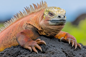 Fototapeta premium A marine iguana basking on black volcanic rock, its salt-crusted skin glistening