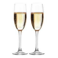 two elegant champagne flutes filled with sparkling champagne. showcasing bubbles rising in the glass the clean. white background emphasizes the glasses. suggesting a celebratory or festive occasion. s