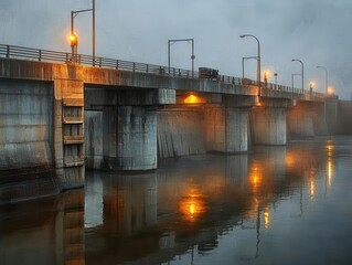 Naklejka premium Foggy Night Bridge Reflection with Streetlights over Calm Water