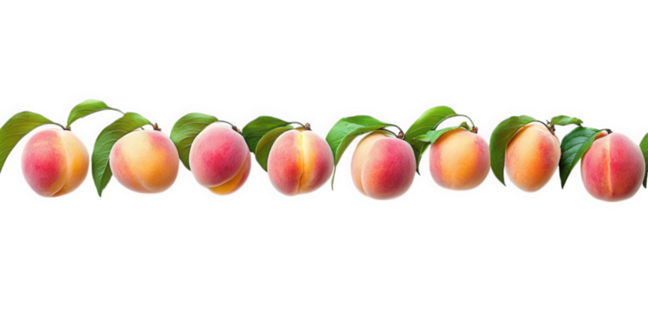 row of ripe peaches with a soft gradient of yellow and pink hues. each adorned with green leaves. set against a clean white background this composition highlights the natural beauty and freshness of t