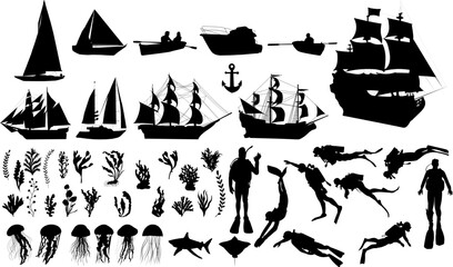 set of ships, scuba divers, fish, seaweed black silhouettes, vector