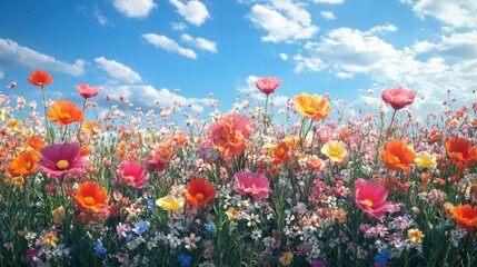 Obraz premium A vibrant field of colorful flowers under a bright blue sky, dotted with fluffy clouds, creating a picturesque and serene landscape.