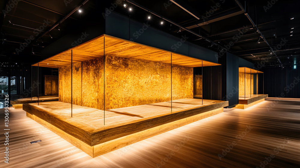 Poster a modern art exhibition space showcasing a golden installation illuminated by ambient lighting, crea