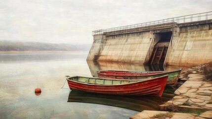 Obraz premium Peaceful Scene of Red Boats at a Calm Reservoir with Concrete Dam