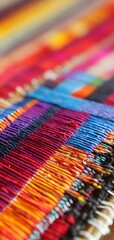Woven Fabric: A close-up showcases a beautifully woven fabric. The vibrant tapestry of colors and textures, showcasing the artistry of textile creation. 