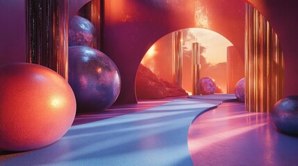Surreal Sunset Landscape with Metallic Spheres and Abstract Architecture