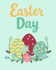 Vector illustration of decorative spring flowers and easter eggs and Happy Easter Day typography lettering for your design, banner, greeting card.
