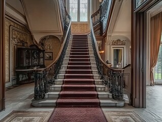 Reception area of mansion with winding staircase,