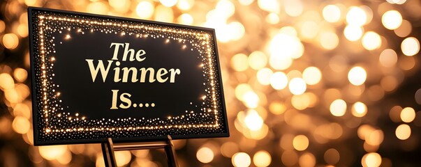 A glittering sign announces the winner against a bokeh background