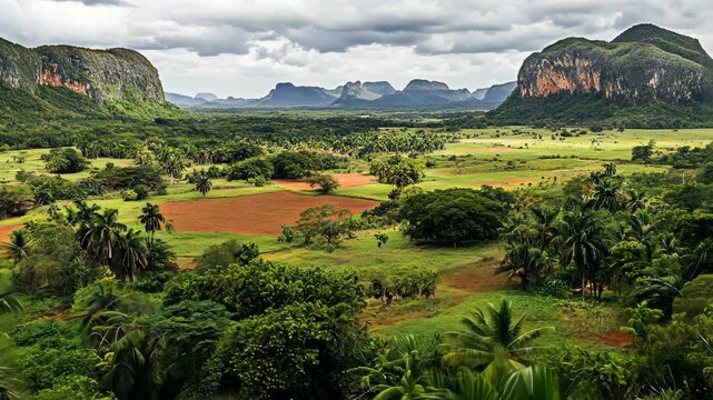 Lush green landscape of Valle de Vi&ntilde;ales under a cloudy sky showcasing Cuba's natural beauty and rich vegetation