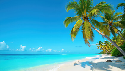 A serene tropical beach with crystal-clear turquoise waters and lush palm trees under a bright blue sky.