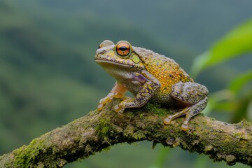 Fototapeta premium A mossy frog blending perfectly into a tree branch, its camouflage nearly flawless