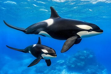 Obraz premium A mother and baby orca swimming together, their black-and-white markings standing out against the deep blue sea