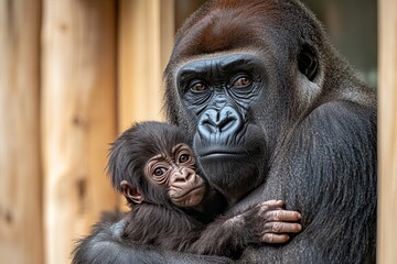 Obraz premium A mother gorilla cradling her infant, their bond full of warmth and love