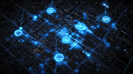 Smart City Network Digital map showing interconnected transportation, communication, and services at night, for technological presentations