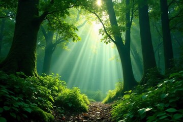 Obraz premium Dappled sunlight filters through dense rainforest canopy, illuminating forest floor , dappled light, forest floor, rainforest