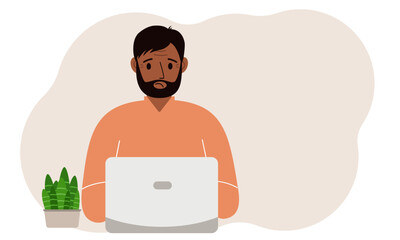 A man is working or studying at a laptop. Freelancing or distance learning and work concept. Vector flat illustration.
