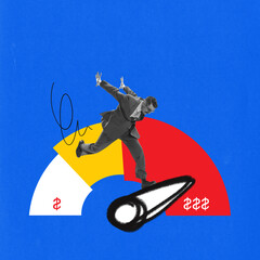 Businessman pushing financial speedometer with needle shifting towards maximum profit. Concept of...