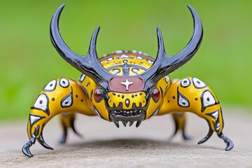 A mystical stag beetle (Arthropoda) with golden armor-like exoskeleton, revered as a sacred creature in an ancient temple