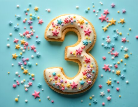 Festive cookie number three with white glaze and star sprinkles on blue background for birthday or 3rd anniversary celebration. Sweet biscuit for party, invite card. Confectionery delicious dessert.