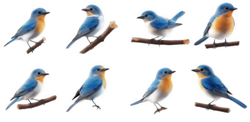 collection of bluebirds perched on branches. showcasing their vibrant blue feathers and orange underparts the arrangement highlights various poses. emphasizing their delicate features and natural beau