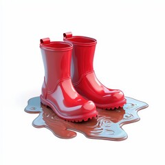 Realistic 3D Icon Cartoon of a Pair of Rain Boots Standing in a Puddle of Spring Rain isolated on clear white background