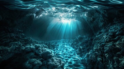 Obraz premium Underwater cave with bright light shining through the surface