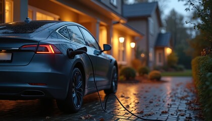 Dark gray electric car charges in home garage on rainy day. Modern automobile powered by clean energy, eco-friendly transport. Ecological future. Automotive industry innovations in sustainable