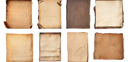a collection of various textured. aged paper sheets arranged in a grid format each sheet exhibits different tones and edges. suggesting a vintage or antique quality. ideal for graphic design. backgrou