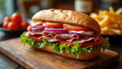 Close-up of gourmet sandwich on wooden board with ham, tomato, onion, lettuce. Delicious snack with fresh ingredients. Restaurant food presentation with sauce and vegetables. Fast food recipe.