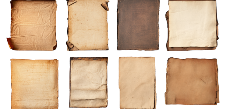 a collection of various textured. aged paper sheets arranged in a grid format each sheet exhibits different tones and edges. suggesting a vintage or antique quality. ideal for graphic design. backgrou
