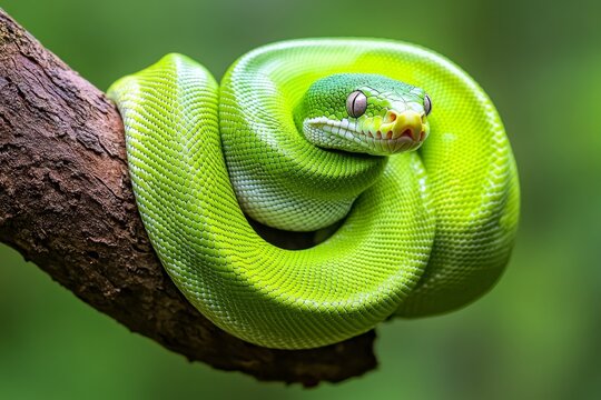 A neon green tree python curled around a branch, its body forming a perfect coil