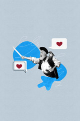 Trend image vertical photo collage of angry old man wear pirate costume hold parrot heart icon...