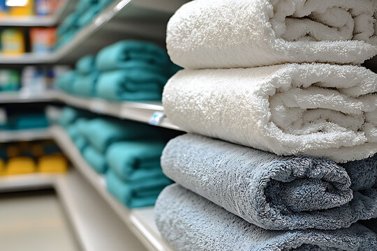 Soft, fluffy bath towels neatly stacked on store shelves.  A visual representation of comfort, cleanliness, and retail. Perfect for advertising, home goods, and lifestyle imagery.
