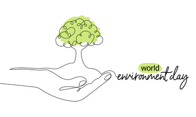 Minimalist continuous one line drawing of a hand holding the Earth with a tree, representing World Environment Day,