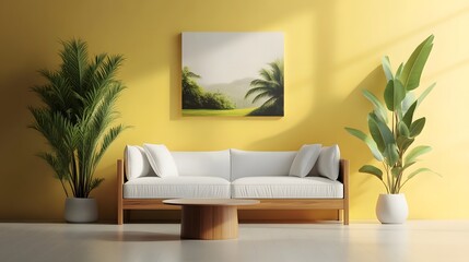 bright room interior with a white sofa, framed landscape art, and two potted plants set against a yellow wall. the space is lit by natural light.