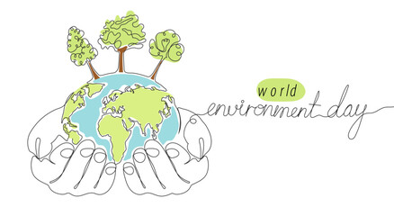 Minimalist continuous one line drawing of a hand holding the Earth with trees, symbolizing World Environment Day,