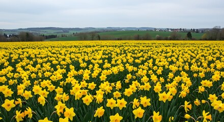 Field of Yellow Daffodils Swaying in the Spring Breeze