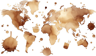 Colorful coffee stain paint world map on transparent background.