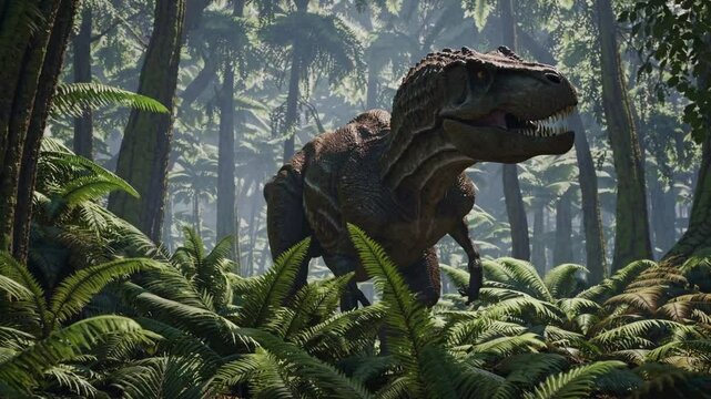 Prehistoric Predator's Realm: A formidable Tyrannosaurus Rex emerges from the lush undergrowth of a prehistoric jungle, embodying power and dominance.