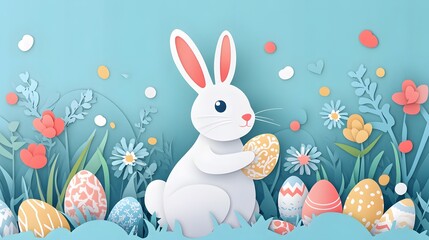 Obraz premium Enjoying a vibrant Easter celebration with a playful bunny and beautifully decorated eggs among colorful flowers