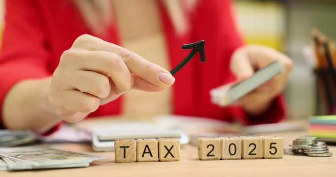 Businesswoman raises topic of tax increases during corporate meeting. Upward arrow indicates increase in taxes for current year. Slow motion