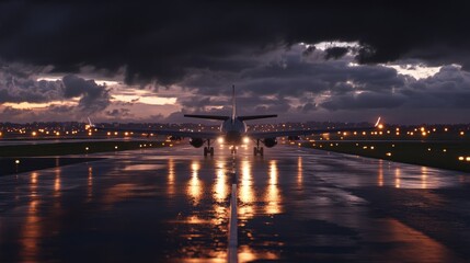 Fototapeta premium A jet airplane taxiing on a wet runway at dusk, runway lights reflecting on the ground, dramatic lighting, ultra-detailed, high resolution, aviation scene, 4K.